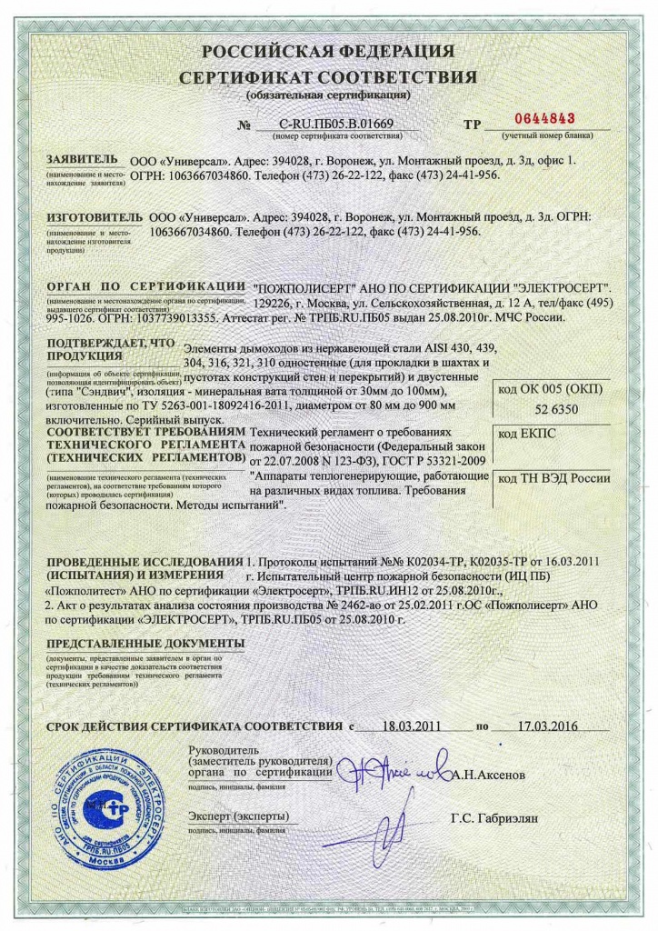 Сертификат дымохода Феррум